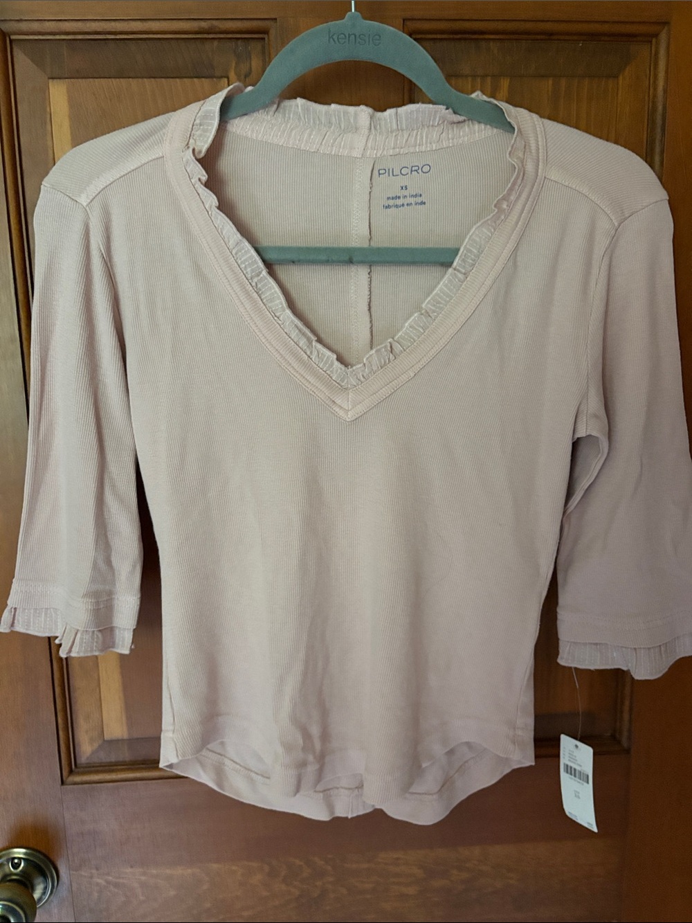 Pilcro Light Pink Ruffle-Trim V-Neck Top